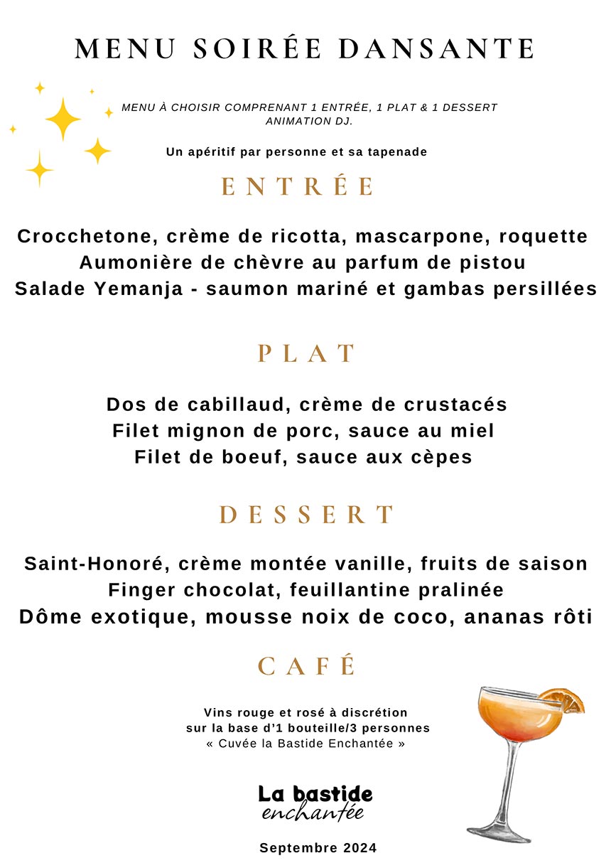 Menu soirée dansante